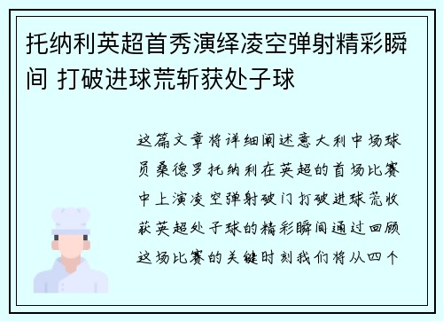 托纳利英超首秀演绎凌空弹射精彩瞬间 打破进球荒斩获处子球 托纳利英超首秀演绎凌空弹射精彩瞬间 打破进球荒斩获处子球